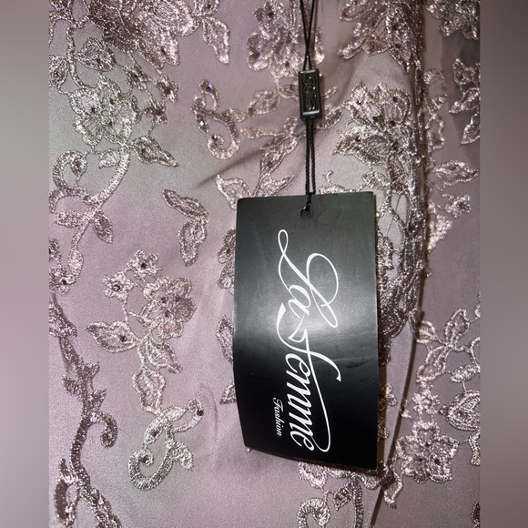 La Femme Light Mauve Floral Appliqué Jersey Column gown dress full length 16 NEW - Picture 13 of 15